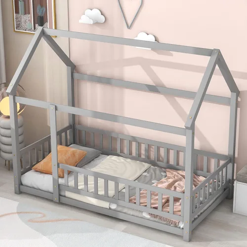 Vista 4 de Cama individual de madera con barandilla de valla para niños y niñas, tienda de campaña con toldo con techo (gris)