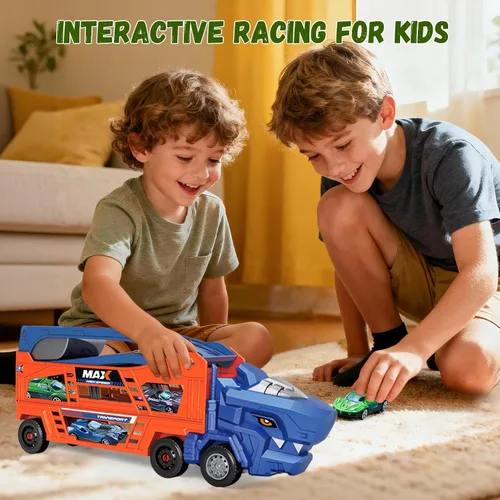 Vista 4 de Juguetes de Camión de Dinosaurios para Niños de 3-5 - Camión Transportador con 6 Autos de Juguete Fundidos a Presión, Camión 3 en 1 con 2 Pistas