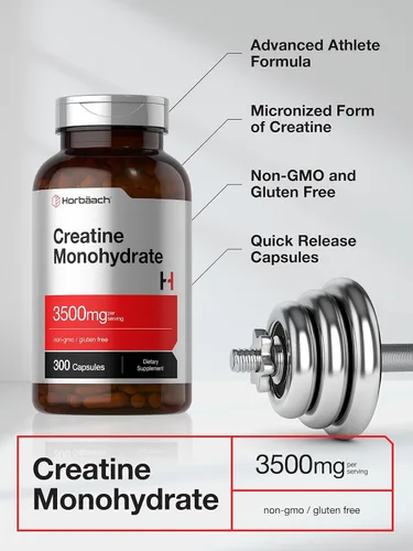 Vista 3 de Horbäach Cápsulas de monohidrato de creatina 3500 mg 300 unidades Suplemento sin OMG y sin gluten