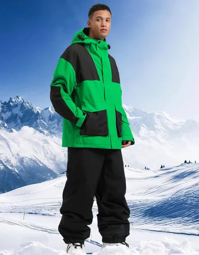 Vista 8 de GSOU SNOW Chaqueta de esquí para hombre, abrigo de nieve para snowboard, cálido, invierno, impermeable, con capucha