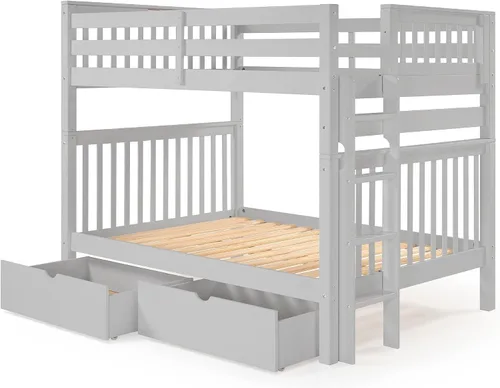 Vista 4 de Bedz King Literas de estilo misión matrimonial sobre tamaño matrimonial con escalera lateral y 2 cajones debajo de la cama, color gris