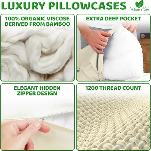 Vista 6 de Fundas de almohada 100% viscosa derivada de bambú - Funda de almohada refrescante - Tamaño estándar, crema, juego de 2 con cremallera