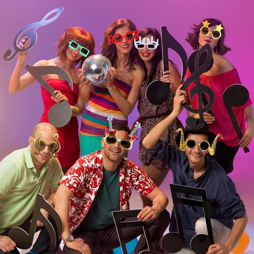 Vista 5 de Paquete de 9 gafas de sol divertidas de música rock, decoración de los años 80 y 90, suministros de fiesta de música retro, radio, estrellas