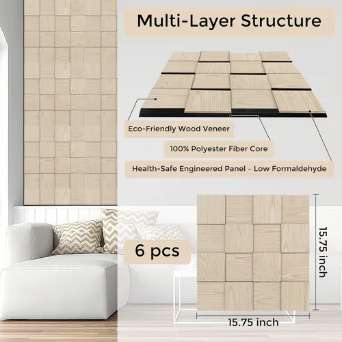 Vista 2 de Paneles de pared acústicos de tablero de ajedrez, paquete de 6 paneles de pared 3D de ceniza natural que absorben el sonido, 15.7 x 15.7 pulgadas