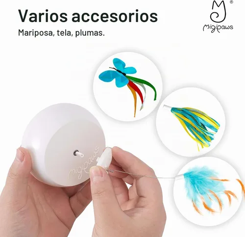 Vista 6 de Migipaws Juguetes interactivos para gatos, juguete de mariposa y plumas, bola giratoria automática para gatos aburridos de interior, sensor táctil