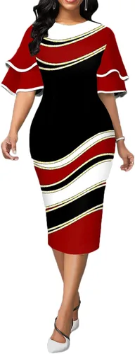 Vista 7 de Yiershu Elegante vestido de tubo para mujer, manga corta con volantes, cuello redondo, vestido de cóctel con cremallera