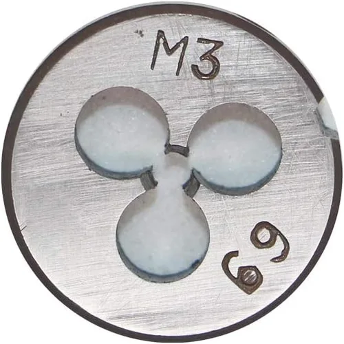 Vista 2 de HSS 0.118 in X 0.5 Mano derecha métrica redonda muere, rosca de máquina muere paso M3 X 0.020 in para el mecanizado de moldes, acero de aleación