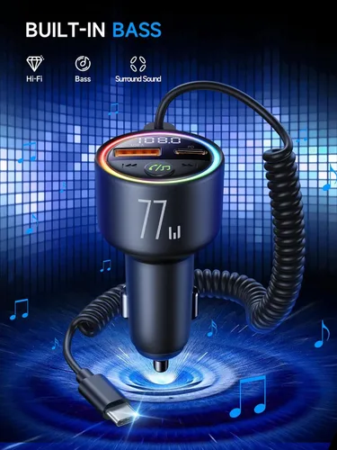 Vista 2 de Adaptador de coche de transmisor FM Bluetooth 5.4 de 77 W [PD3.0 65W+12W de carga rápida] Adaptador Bluetooth para automóvil