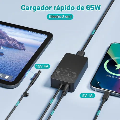 Vista 3 de Cargador de 65 W compatible con Microsoft Surface Pro 11, 10, 9, 8, 7+, 7, 6, 5