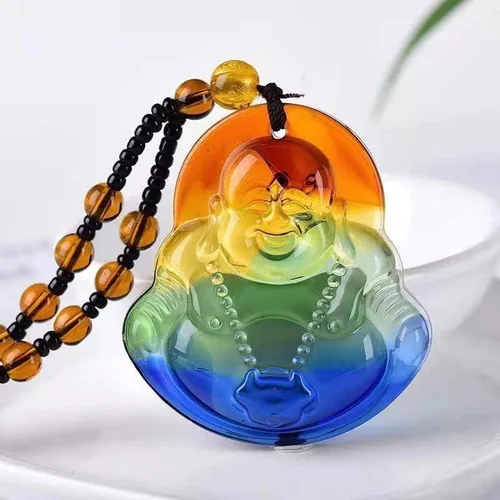 Vista 2 de Collar con colgante de Buda de la risa, collar de cadena de cuentas de Buda de jade de imitación para mujeres y hombres