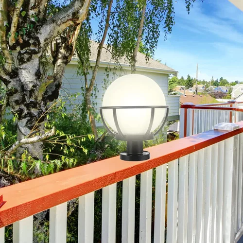 Vista 5 de Lámpara de globo para montaje en poste al aire libre, pantalla acrílica blanca con base de acero inoxidable, enchufe E27 impermeable para jardín