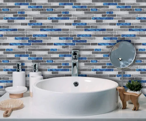 Vista 2 de Art3d - Vinilo adhesivo para pared, diseño de azulejos y ladrillos, antisalpicaduras, para la cocina, diseño de mármol azul, despegar y pegar