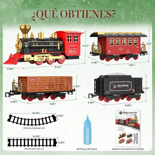 Vista 5 de Hot Bee Juego de tren – Juguetes de tren para niños con humo, luces y sonido, pistas, tren de juguete con locomotora de vapor, coches de carga