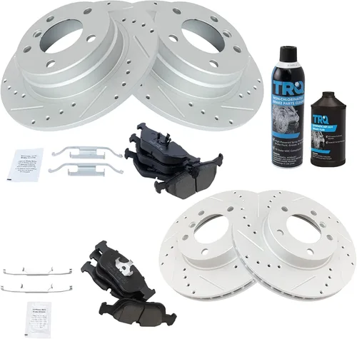 Vista 2 de TRQ Kit de pastillas de freno y rotor delantero y trasero de cerámica de alto rendimiento con revestimiento en G ranurado X perforado compatible