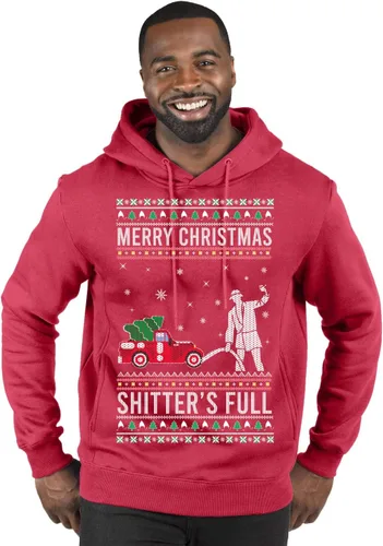Vista 22 de Wild Bobby Sudadera con gráfico de cuello redondo con texto en inglés "Merry Christmas Shitter's Full Funny Ugly Christmas" Negro (black Hoodie)