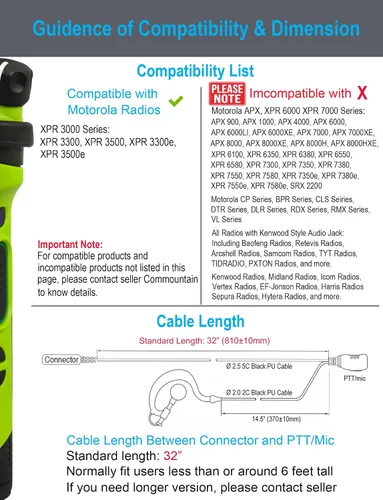 Vista 7 de commountain XPR 3500e XPR 3300e Auricular con Micrófono Compatible para Radios Motorola XPR3300e XPR3500e XPR3300 XPR3500, Auricular en Forma de G