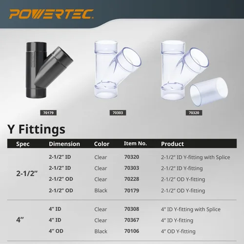 Vista 6 de POWERTEC Conector de manguera de recolección de polvo de ajuste en Y de 4 pulgadas, 1 paquete (70106V)