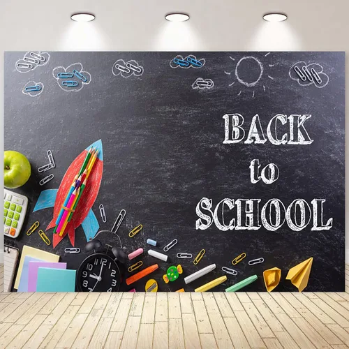 Vista 18 de Telón de fondo de pizarra negra para el regreso a clases, fondo de fotografía para el primer día de escuela, accesorios para cabina de fotos