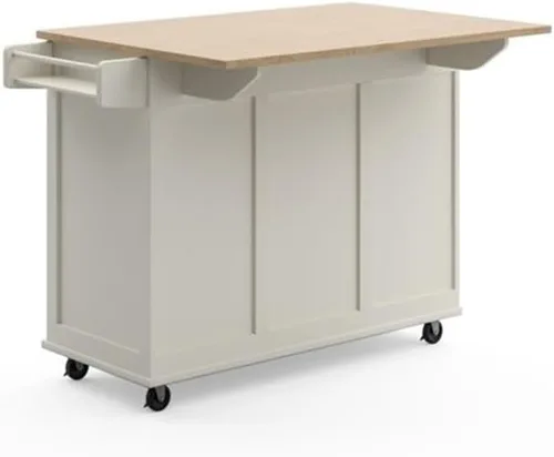 Vista 7 de Hawthorne Collections Carrito de cocina de madera, acabado blanco, encimera de hojas caídas, ruedas con bloqueo, estante de especias, barra