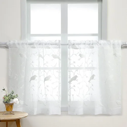 Vista 20 de VOGOL Juego de cortinas transparentes bordadas y cenefas para sala de estar, con bolsillo para barra blanca, par de cortinas traslúcidas