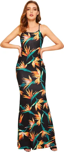 Vista 5 de SheIn - Vestido sexy largo hasta el tobillo con diseño a rayas, para mujer, vestido de fiesta de verano con tirantes delgados y espalda descubierta