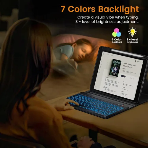 Vista 4 de OYEEICE Funda de teclado para iPad 6ª/5ª generación de 9.7 pulgadas, teclado inalámbrico desmontable retroiluminado de 7 colores, cubierta magnética