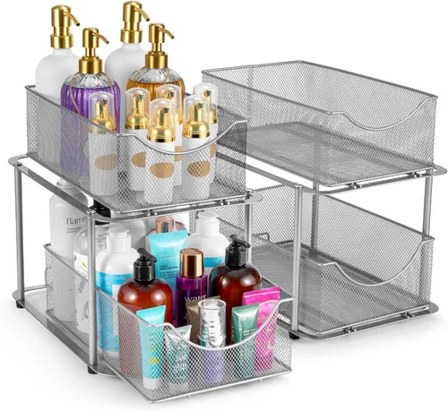 Vista 13 de Sorbus Organizador de metal para debajo del fregadero de 2 niveles para baño, cocina, cajones deslizantes de malla de acero fuerte para debajo