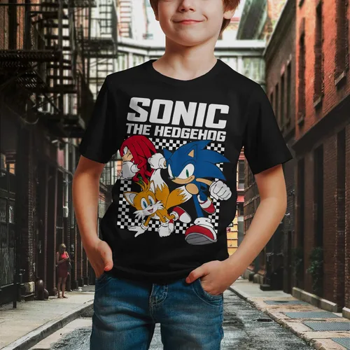 Vista 3 de Sonic The Hedgehog Knuckles Miles Group - Camisetas con marco de cuadros para niños jóvenes, Negro, S