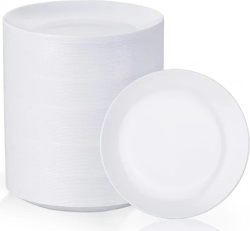 Vista 25 de Nervure - Juego de 100 platos de plástico desechables negros de 7.5 pulgadas, platos de postre negros desechables, platos de plástico dorado