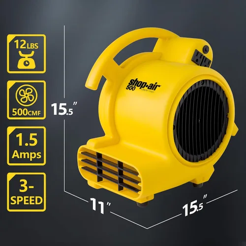 Vista 2 de Shop-Vac 1032005 Professional® 500 Max CFM Air Mover, cable de 12 pies, 3 ajustes de secado, ligero con salidas integradas para múltiples