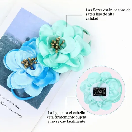Vista 5 de Cinaci 20 ligas para el cabello con flores de satén sólido de 2.4 pulgadas, bandas elásticas para el cabello, coletas, accesorios para el cabello