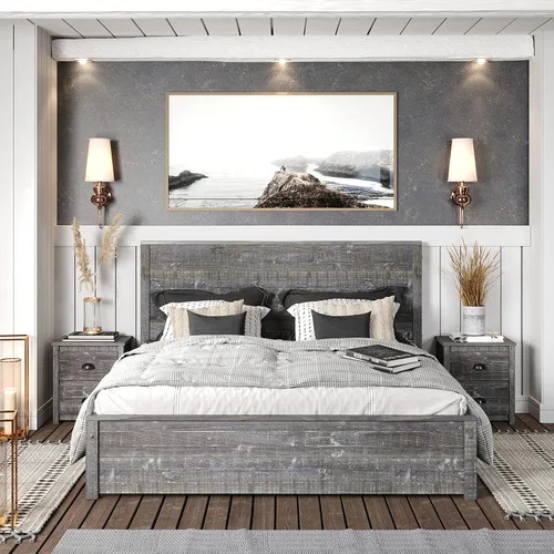 Vista 11 de Camaflexi Hampton Marco de cama rústico de madera maciza con cabecero, soportes de listones de madera, tamaño Queen, acabado blanco costero