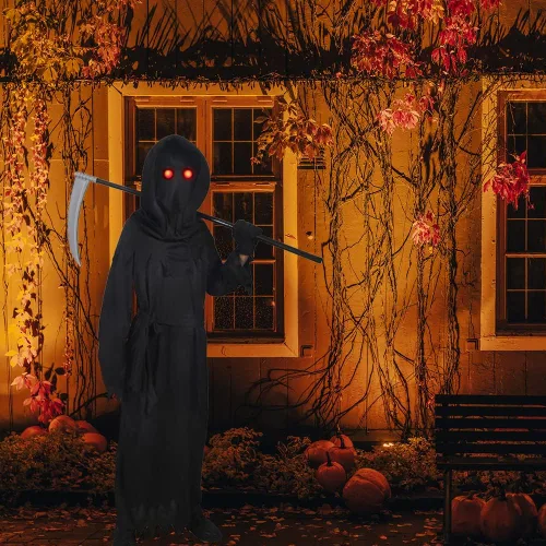 Vista 5 de Disfraz de Parca de Halloween con ojos rojos brillantes y guadaña para niños y niñas, disfraz de fantasma espeluznante para Halloween Cosplay