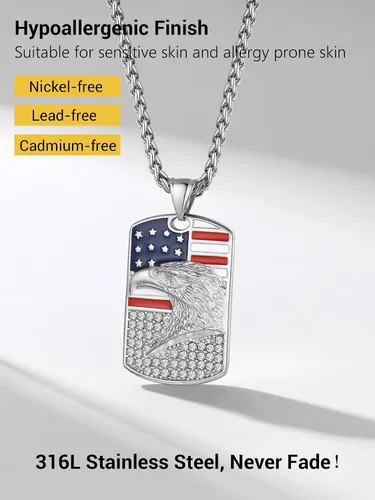 Vista 5 de PROSTEEL Collar con etiqueta de perro de la bandera estadounidense, dije de bandera nacional de Estados Unidos, collar patriótico chapado en acero