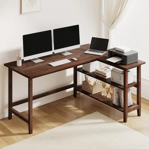 Vista 14 de IOTXY Escritorio de oficina reversible en forma de L, mesa de computadora compacta de 45 pulgadas con estantes de almacenamiento, patas de madera