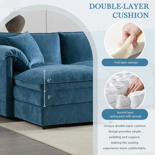 Vista 59 de Moderno sofá modular en forma de U con almohadas para la cintura, sofá cama con diván, sofá tapizado simétrico de felpilla de 6 asientos para sala
