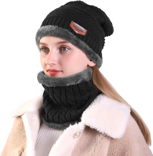 Vista 3 de MUCO Conjunto de gorros de invierno para hombre y mujer, gorro de punto cálido, forro polar grueso, calentador de cuello para hombres y mujeres, Muco
