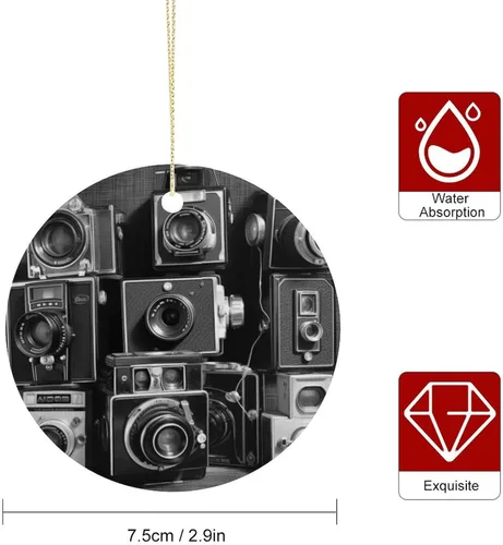 Vista 2 de Retro Cool Camera Collection Christmas Ornament Funny Round Hanging Ornament Pendant Personalized Xmas Round Ceramic Pendant Christmas Ceramic