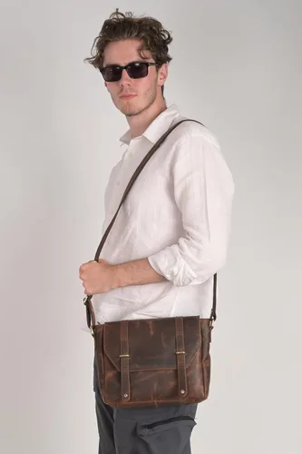 Vista 7 de Bolso bandolera de cuero genuino para hombres, bolsos cruzados para negocios de trabajo, Marrón