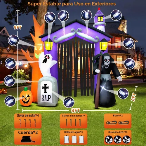 Vista 4 de Inflables de Halloween de 9 pies para decoración de castillo embrujado con luz LED, inflables de Halloween para exteriores, inflables