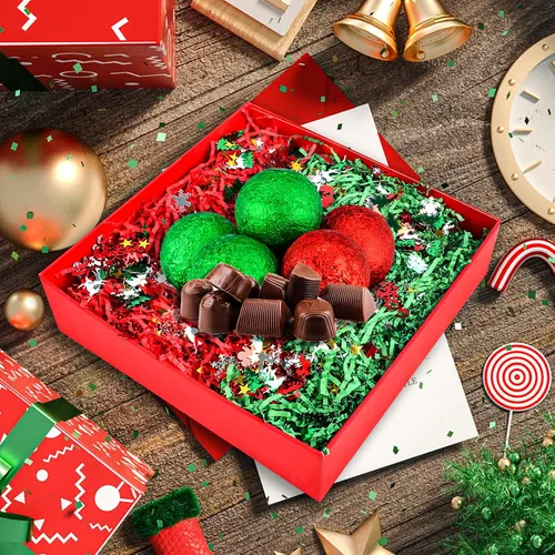 Vista 7 de LOMIMOS Relleno de papel de Navidad de 1 libra, papel de rafia de Navidad rojo y verde con confeti de Navidad para envolver regalos, cesta