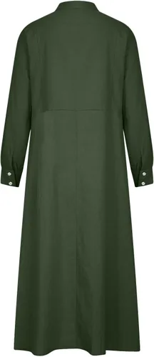 Vista 8 de Vestido largo de lino de algodón para mujer, de manga larga, con botones lisos, cuello redondo, para otoño, casual, hasta el tobillo