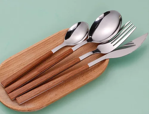 Vista 6 de Juego de cubiertos de madera de 32 piezas para 6 personas con mango de madera de imitación de madera de acero inoxidable para boda, hogar, cocina