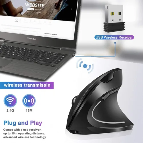 Vista 2 de ASOI - Ratón ergonómico inalámbrico, recargable de 2.4 G, inalámbrico, óptico, vertical, ergonómico, 100012001600 DPI, para laptop, escritorio, PC