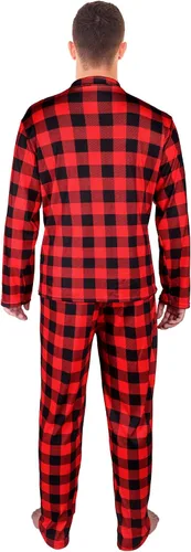 Vista 4 de Conjunto de pijamas de Navidad a juego para parejas, pijamas familiares a cuadros de búfalo de manga larga con botones a cuadros, ropa de descanso