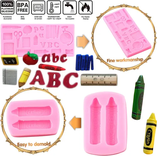 Vista 2 de Mujiang Moldes de silicona para el regreso a clases, bolsa escolar, libro de tijeras, paleta de dibujo, moldes para fondant, para decoración
