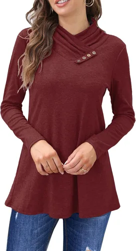 Vista 3 de Bluetime Camisetas de otoño para mujer, cuello vuelto, manga larga, estilo túnica, casuales, holgadas