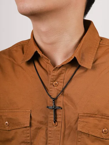 Vista 5 de HAQUIL Collar de cruz para hombre, colgante de cruz simple de acero inoxidable, cadena de caja, regalo de joyería de cruz