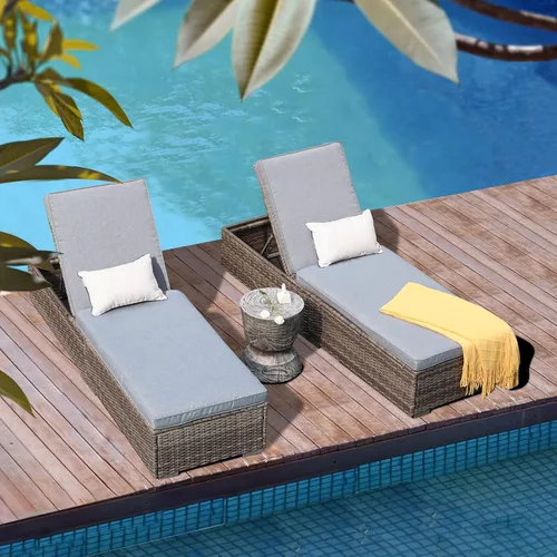Vista 3 de Patiorama Tumbona para patio al aire libre, elegante silla tumbona reclinable ajustable de ratán para piscina con cojín, mimbre de polietileno gris