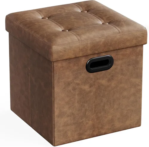 Vista 13 de Otomana plegable por Songmics, cubo de almacenamiento de 15 pulgadas con agujero y asa, piel sintética, Madera, Negro